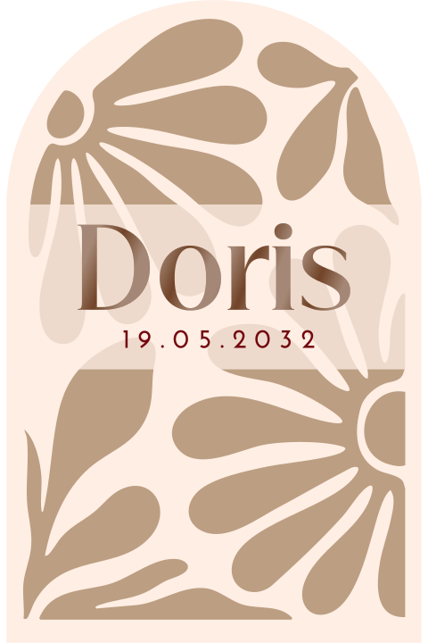 Beige geboortekaartje in boogvorm met bruine bloemen