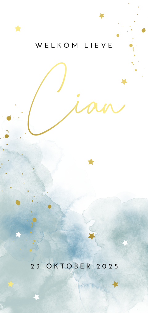 Lief geboortekaartje jongen met goudfolie en watercolour