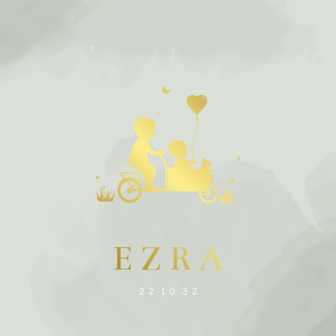 Goudfolie geboortekaartje voor jongen met broertje in bakfiets