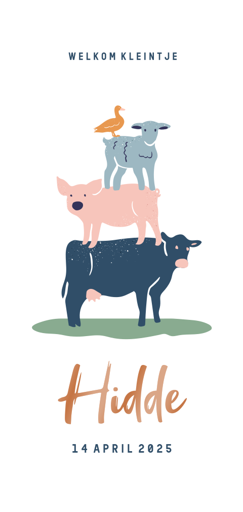 Vrolijk geboortekaartje met boerderijdieren en hoogglans