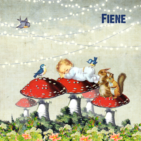 Retro geboortekaartje met paddenstoelen