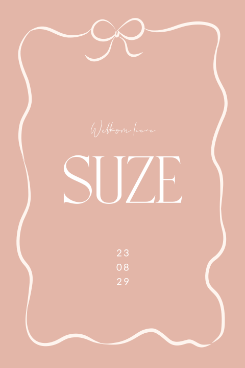 Romantisch geboortekaartje roze met lijntekening strik