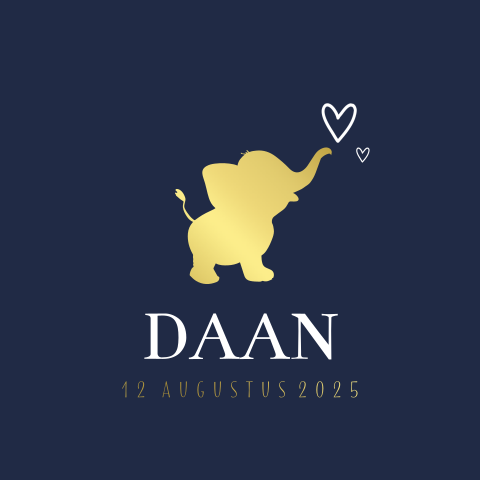 Geboortekaartje goudfolie voor jongen met gouden olifant