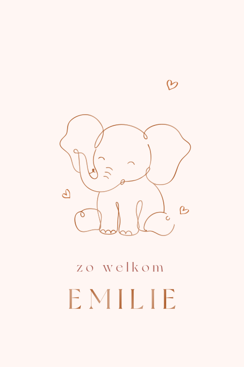 Geboortekaartje met olifant in lijntekening en foliedruk