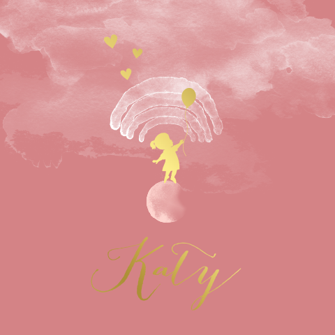 Goudfolie geboortekaartje met silhouet meisje en aquarel regenboog