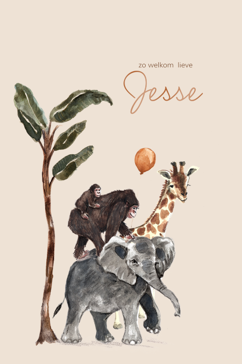 Stoer hoogglans geboortekaartje met getekende jungledieren