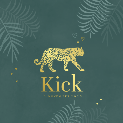 Hip goudfolie babykaartje met panter en hartjes voor een jongen