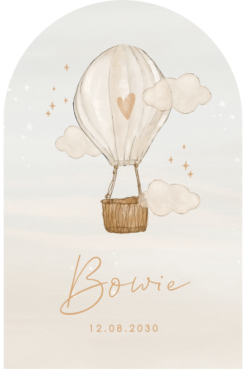 Stijlvol geboortekaartje boogvorm met illustratie luchtballon
