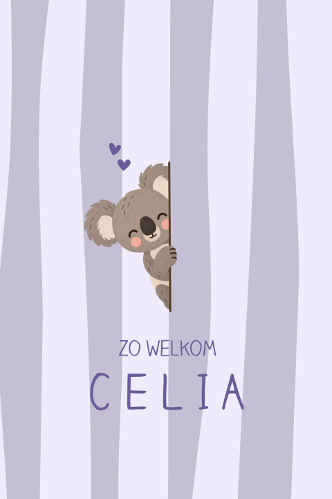 Lief geboortekaartje met koala op paarse strepen