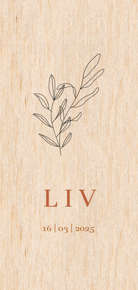 Minimalistisch geboortekaartje op echt hout met takje