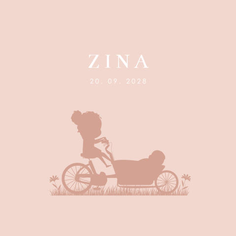 Roze geboortekaartje zusje met silhouetje op bakfiets