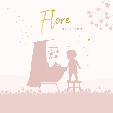 Geboortekaartje meisje met silhouet wiegje en broertje