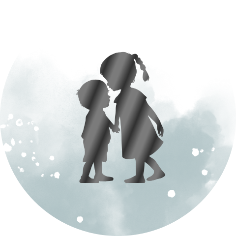 Sluitsticker grijsblauwe aquarel met silhouet grote zus en broertje