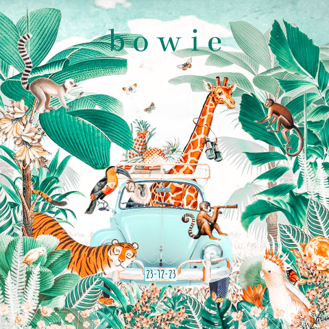 Vintage babykaartje met jungle dieren en blauwe auto