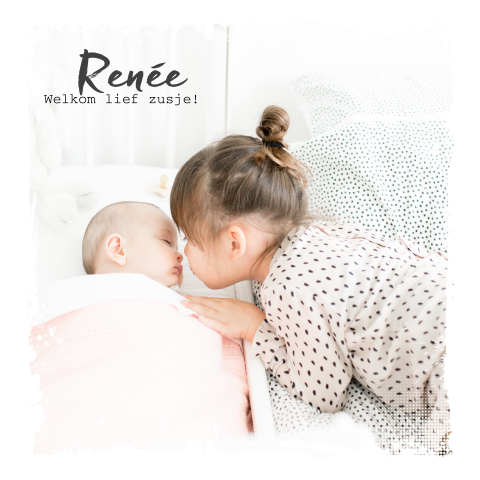 Lief geboortekaartje met foto van baby en grote zus