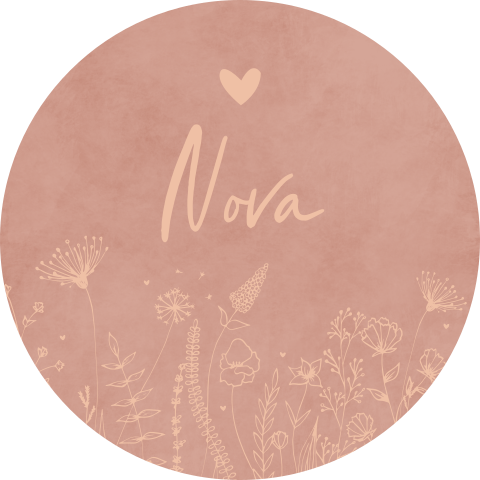 Lieve naamsticker met roze velvet-look, hartje en bloemen