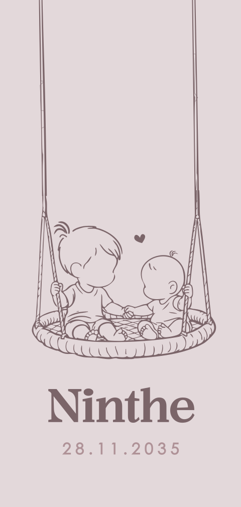 Babykaartje met lijntekening van zusjes op schommel