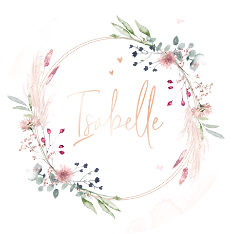 Watercolour naamsticker met roségoudfolie en bloemenkrans