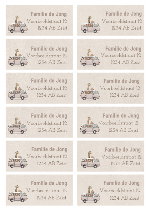 Beige adressticker met busje en jungledieren