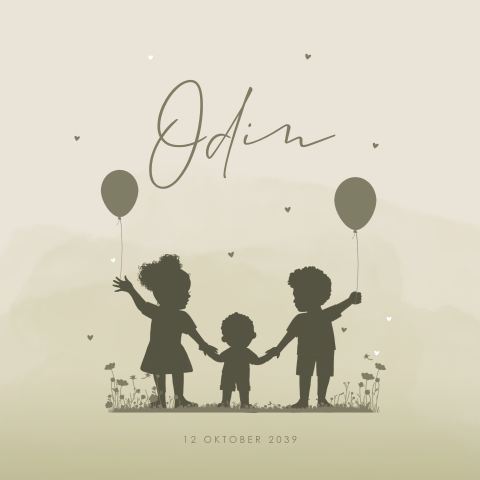 Groen watercolour geboortekaartje jongen met grote broer en zus