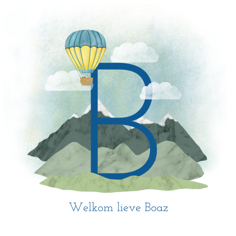 Geboortekaartje met hoofdletter in het berglandschap met luchtballon