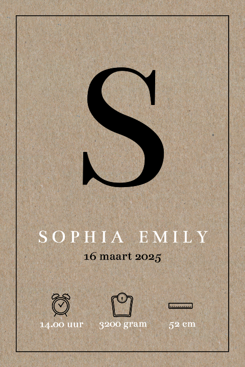 Minimalistisch echt kraft geboortekaartje voor meisje met initiaal