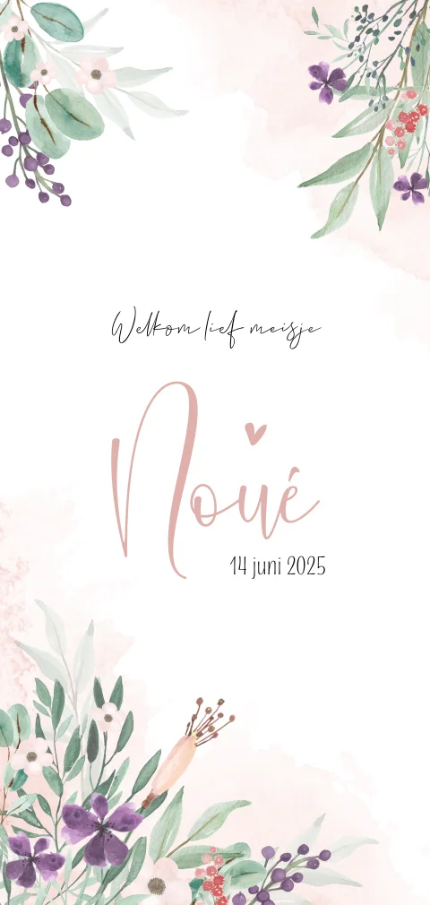 Lief geboortekaartje met roze watercolour en bloemen