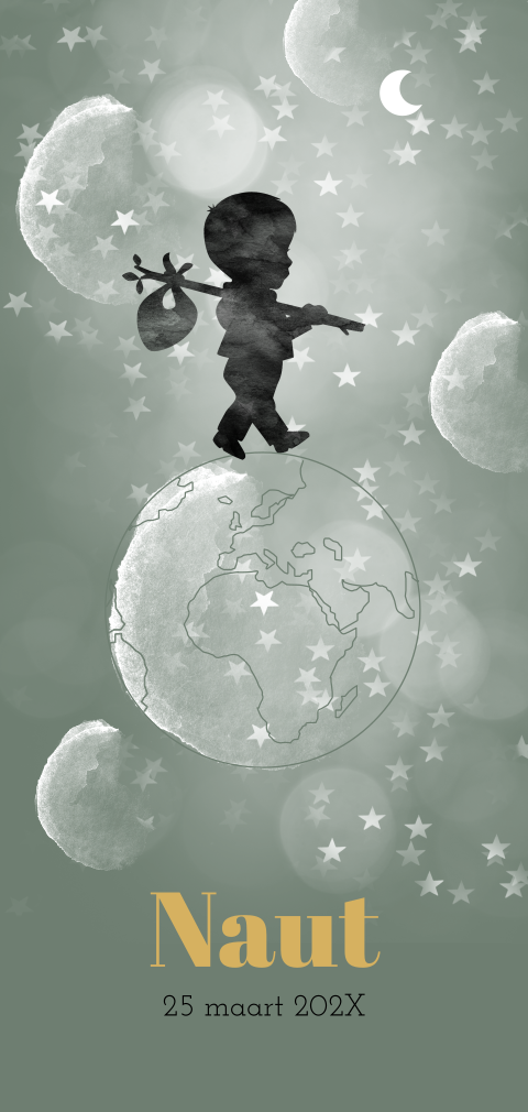 Wereldbol geboortekaartje met jongetje en knapzak op de wereldbol