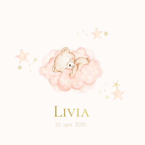 Lief geboortekaartje meisje met teddybeertje op roze wolk