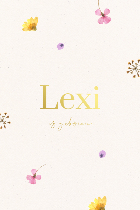 Stijlvol geboortekaartje meisje met gedroogde bloemen en goudfolie