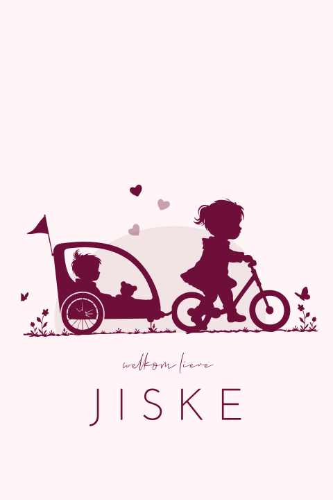 Lief geboortekaartje met silhouet van zusjes op fiets
