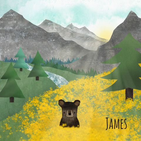 Illustratieve geboortekaart met beertje in de bergen