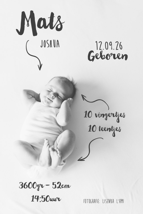 Geboortekaartje met foto, tekst en pijlen voor zoon