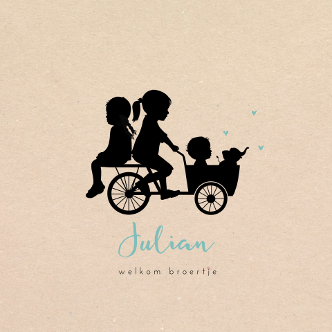 Geboortekaart met silhouet van zusjes met klein broertje in bakfiets