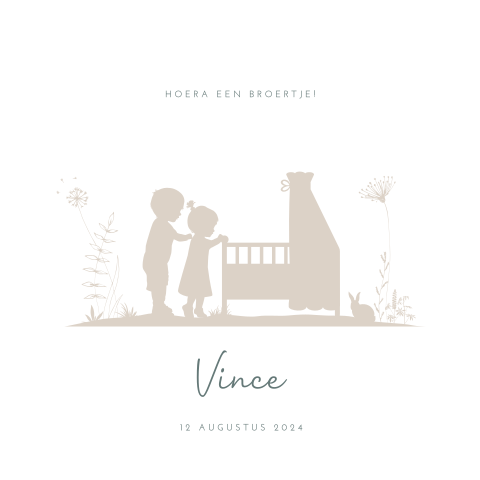 Lieve geboortekaart klein broertje silhouet beige met zus en broer