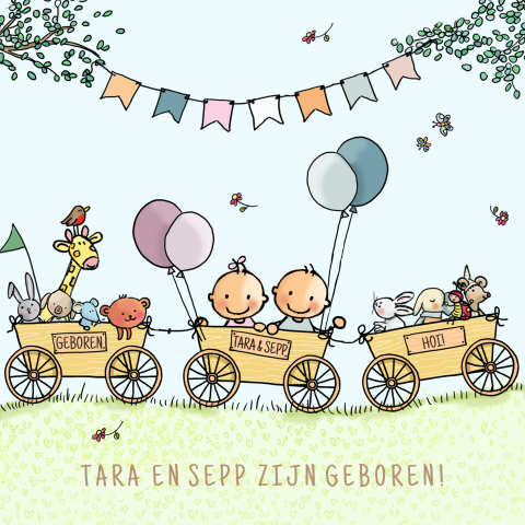 Vrolijk geboortekaartje van tweeling in karretje met dieren