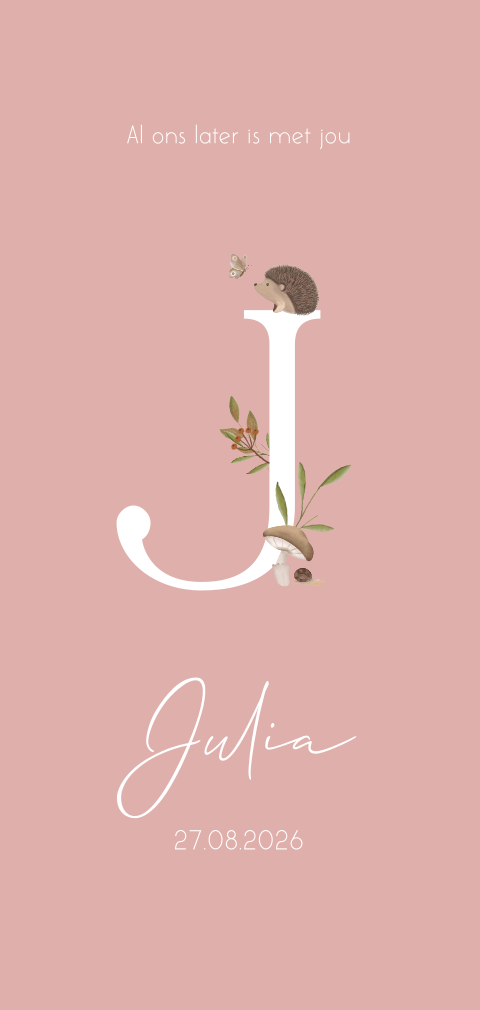 Langwerpig herfst geboortekaartje met letter voor meisje