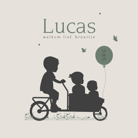Geboortekaartje broertje met silhouetjes op bakfiets