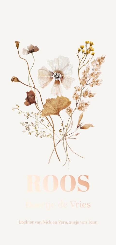 Roségoudfolie geboortekaartje meisje met bloemen
