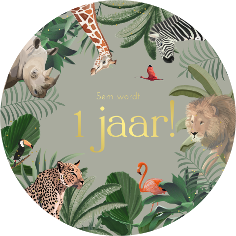 Jungle verjaardagsuitnodiging in ronde vorm met goudfolie
