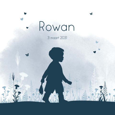 Blauw geboortekaartje met watercolour en silhouet van jongen