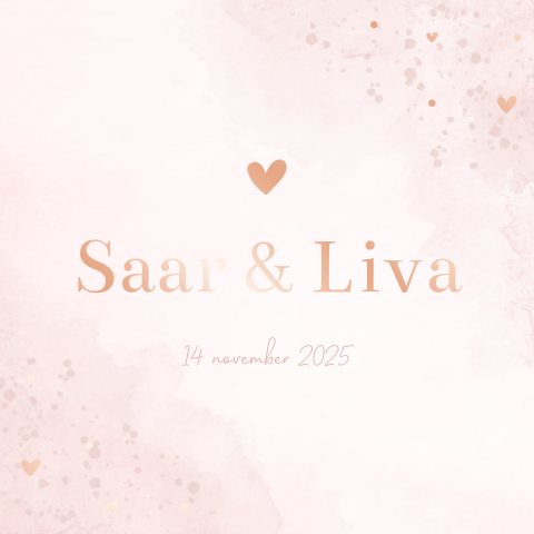 Geboortekaartje voor meisjes tweeling met watercolour en roségoudfolie