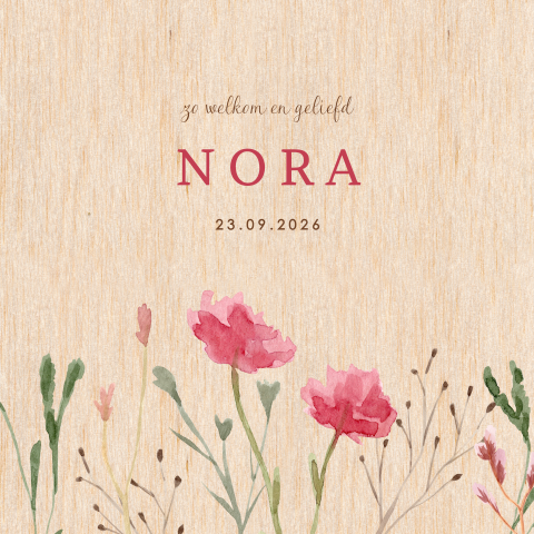 Geboortekaartje hout roze bloemen en takjes voor dochter