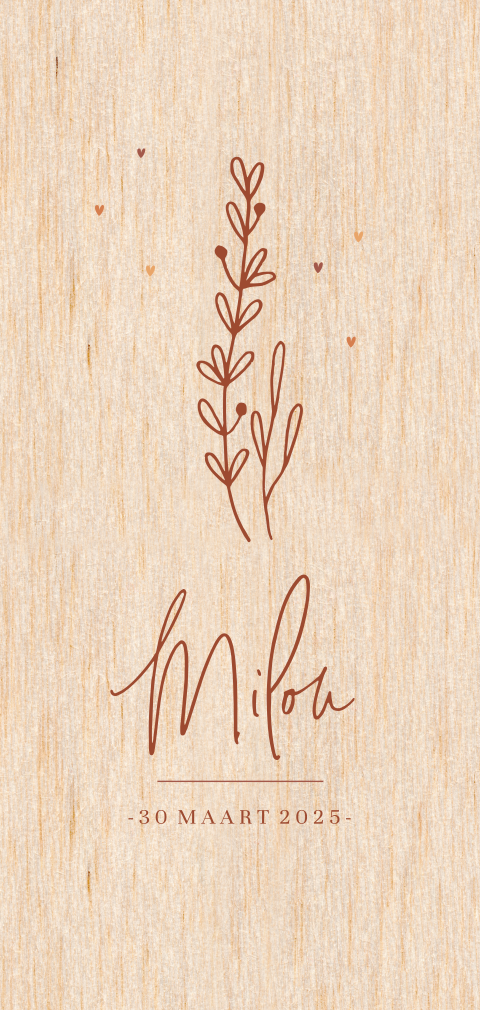 Echt houten geboortekaartje voor een meisje met takjes