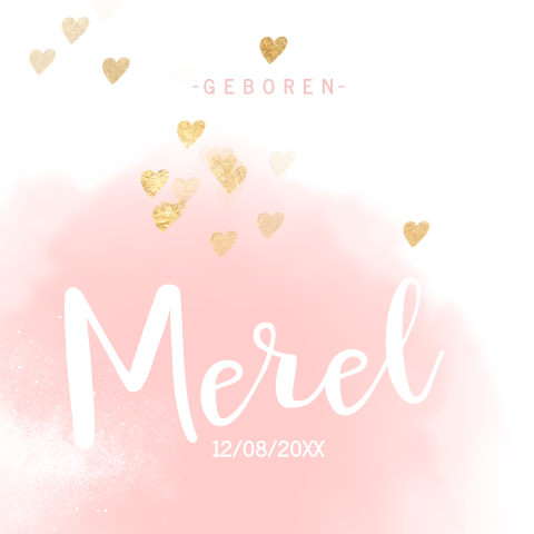 Lief geboortekaartje met roze waterverf en goudkleurige hartjes