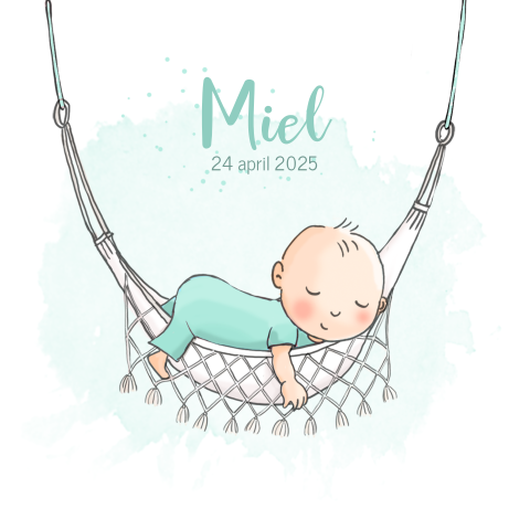 Lief geboortekaartje met tekening jongen in hangmatje