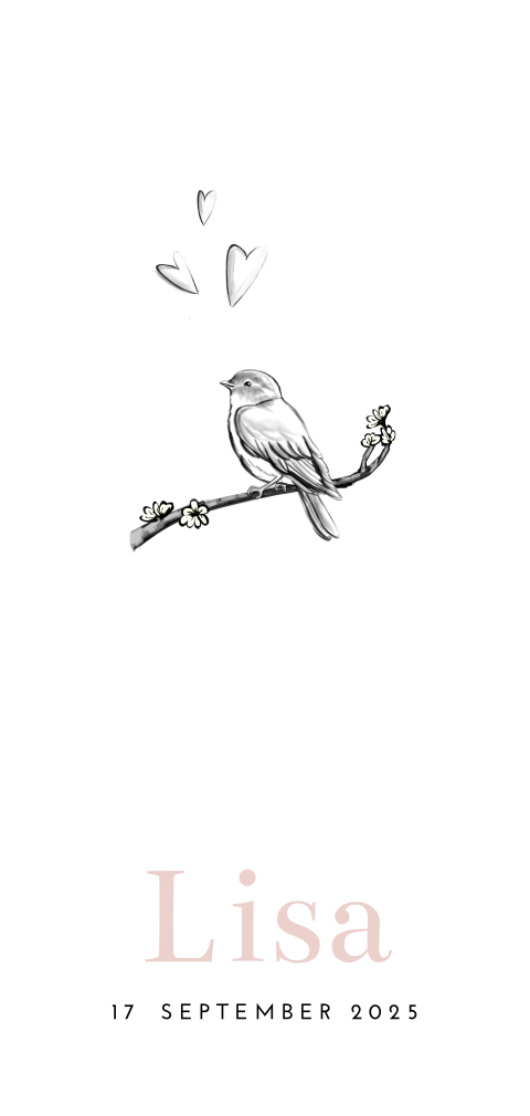 Lief getekend geboortekaartje met vogeltje op takje