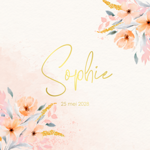 Romantisch geboortekaartje meisje met watercolour bloemen en goudfolie