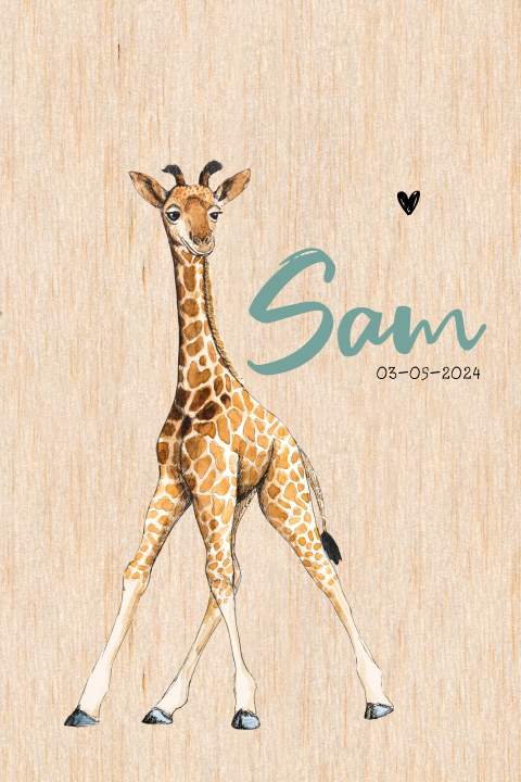 Echt houten geboortekaartje met giraf en hartje