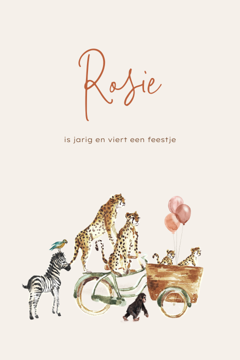 Hippe uitnodiging 1e verjaardag met jungle dieren en ballonnen